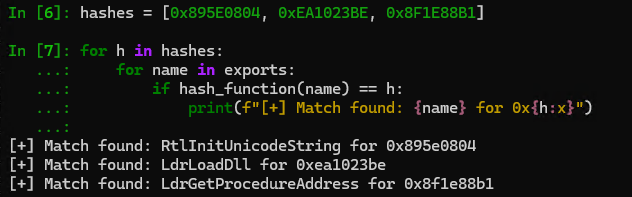 Output of the Python snippet used to resolve API hash (Source : Expel).
